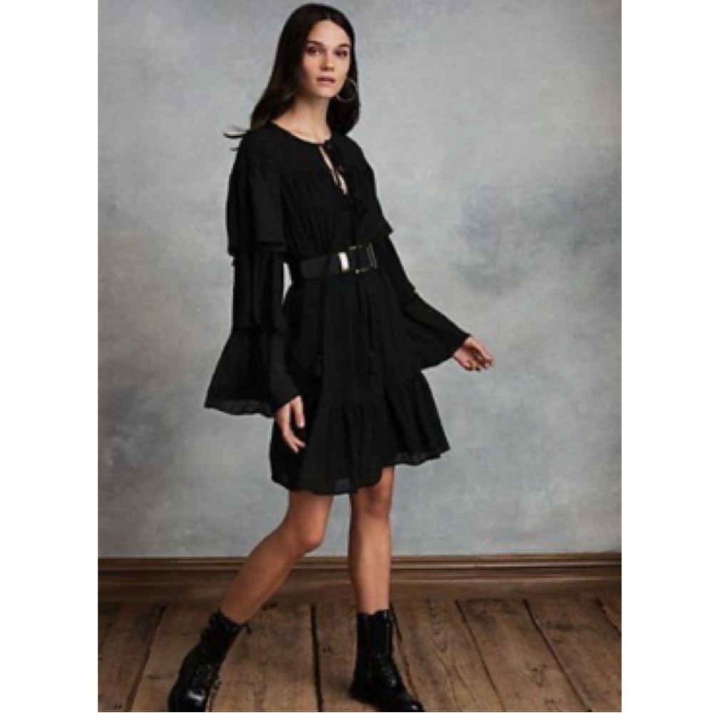 NWT Happy X Nature XL Tiered Swiss Dot Dress Black Long Sleeves